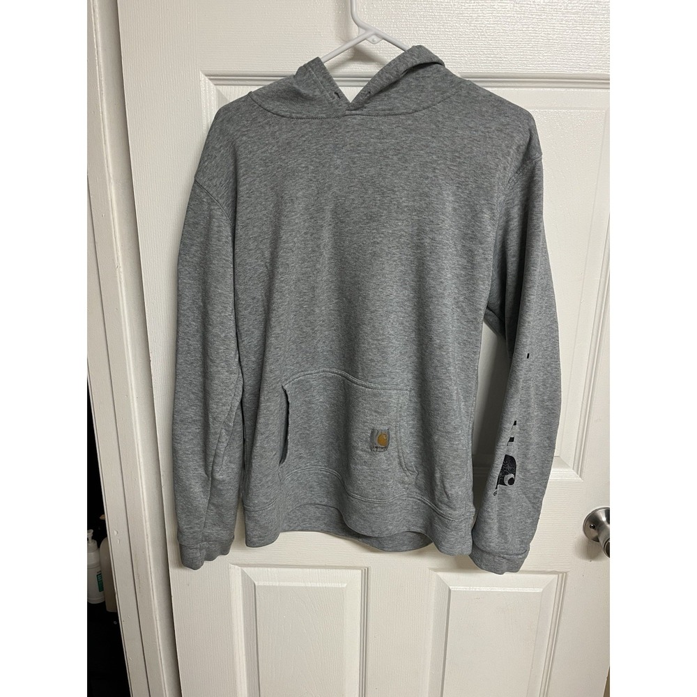 Carhartt Hoodie Mens Large Gray Sleeve Logo Pullover Workwear Sweatshirt